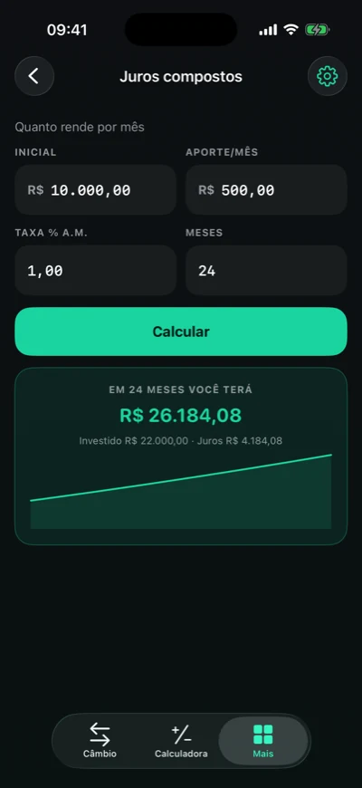 Juros compostos do FinBrisk no iPhone: em 24 meses, R$ 26.184,08