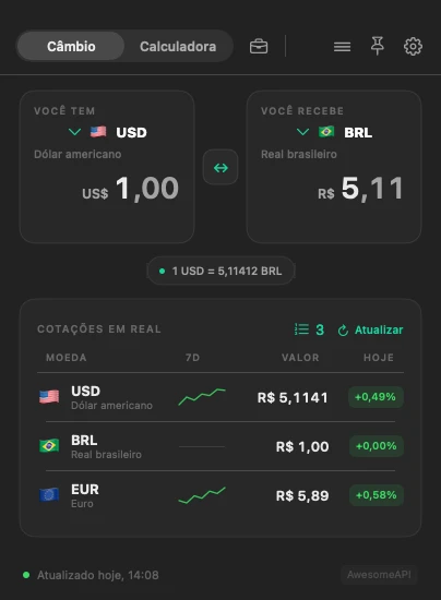 Painel de câmbio do FinBrisk aberto pela barra de menus do Mac, com o dólar em reais