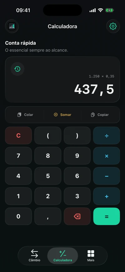 Calculadora do FinBrisk no iPhone: 1.250 × 0,35 = 437,5.