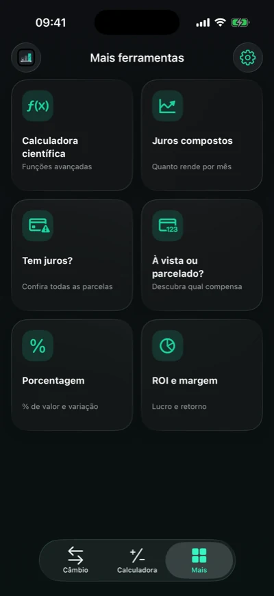 Tela Mais ferramentas do FinBrisk no iPhone: calculadora científica, juros compostos, Tem juros?, À vista ou parcelado?, porcentagem e ROI e margem.