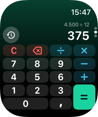 Calculadora do FinBrisk no Apple Watch: 4.500 ÷ 12 = 375.
