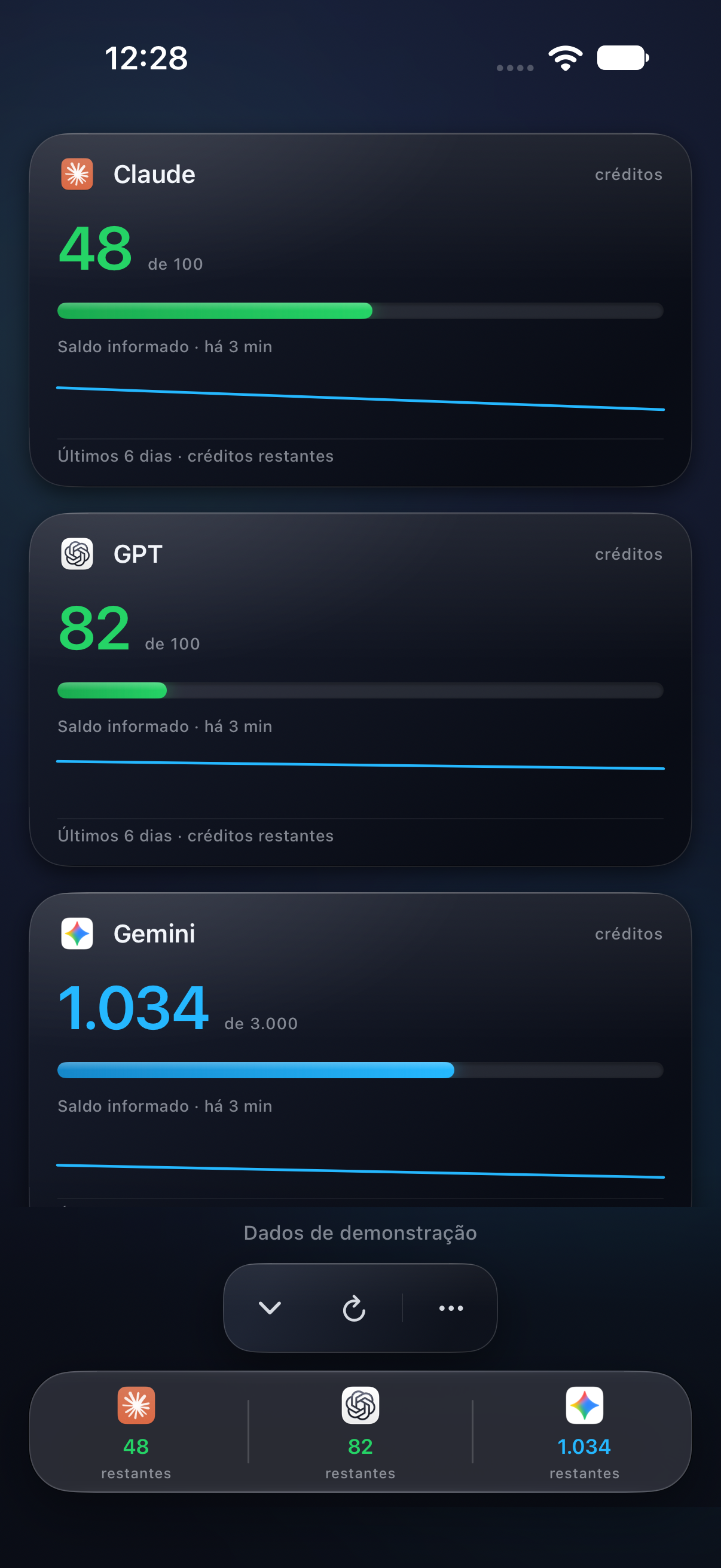 Tela real do Usage Bar no iPhone, com créditos manuais de exemplo